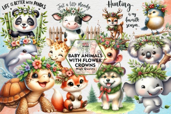 Adorable Designs: Baby Animals With Flower Crowns Clipart