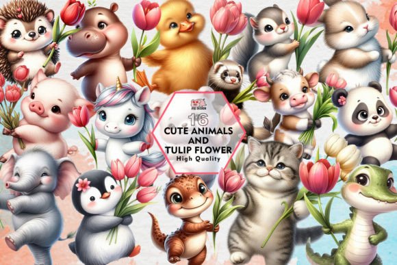 Cute Animals and Tulip Flower Clipart: A Designer's Spring Asset