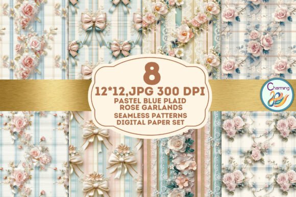 Seamless Paper: Pastel Blue Plaid Rose – A Design Asset for Cozy Elegance